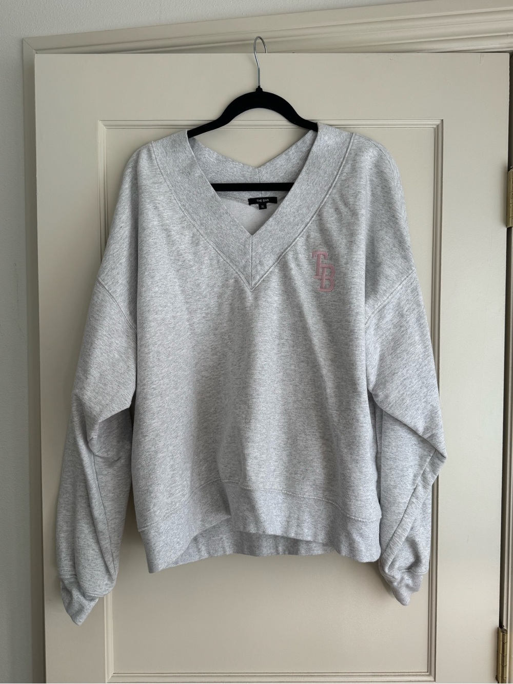 The Bar heather Gray V-Neck Sweatshirt with Pink Logo